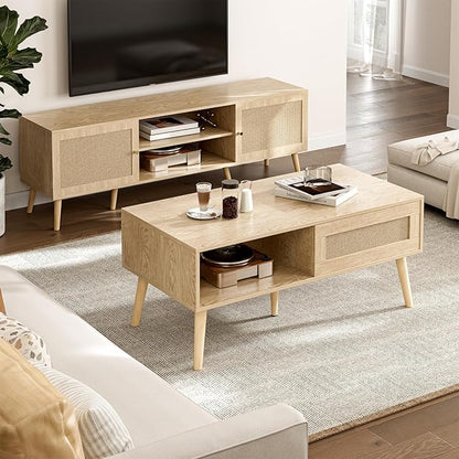 ZttRiee Wood Coffee Table with Storage, Boho Dining Table with Sliding Rattan Door Panel and Solid Wood Legs, Small Coffee Tables for Living Room, Oak (Oak_LSJ008)
