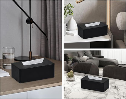 GOLRANLYE Tissue Box Cover Rectangular 9.8"(L) x 5.3"(W) x 4.3"(H) Refined Modern PU Leather Facial Tissue Dispenser Box Holder for Dresser Bathroom Decorative (Black)
