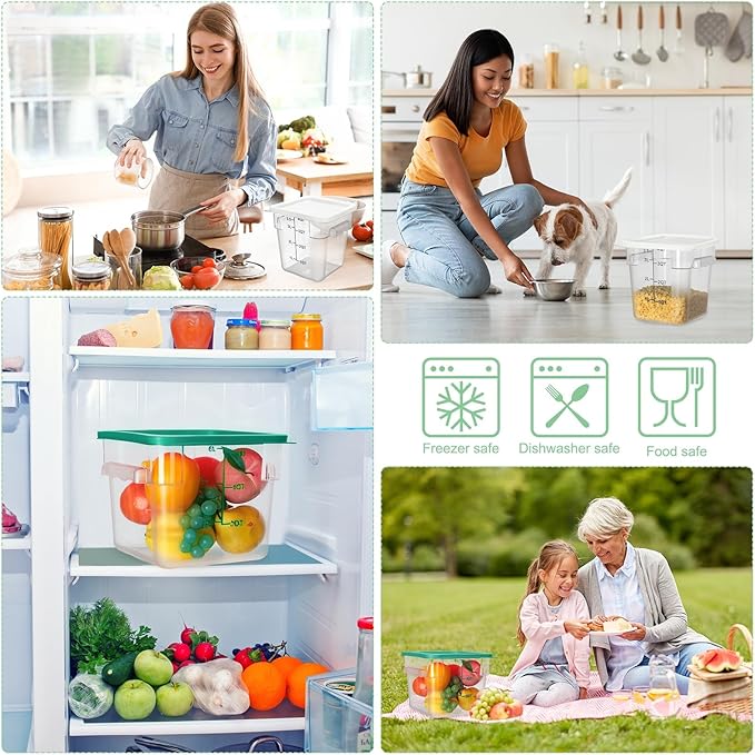 Lallisa 4 Pcs 8 Qt and 4 Qt Clear Food Storage Containers with Lids, Handles and Scales, Commercial Grade Square Containers Polycarbonate Air Tight for Home Storage Kitchen Restaurant(White, Green)