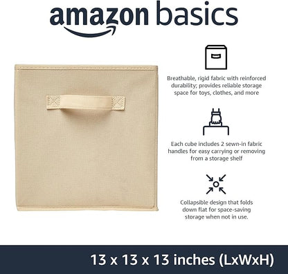 Amazon Basics Collapsible Fabric Storage Cube Bins Organizer with Handles, Sturdy, Beige, 13-x-13-x-13-inch, Pack of 6