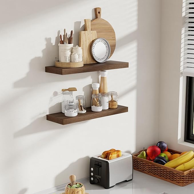 Acovy 24 Inch Floating Shelves, 8 Inch Deep Floating Shelves for Wall, Hanging Shelf with Invisible Brackets, Deep Shelves for Bathroom, Bedroom, Living Room, Walnut, Set of 2