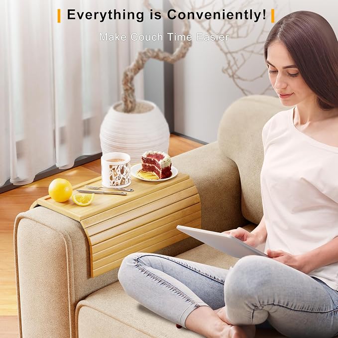 Bestjing Bamboo Sofa Armrest Tray Table for Couch - 2-in-1 Couch Arm Table with Be Slide Detachable Tray- Anti-Slip Foldable Sofa Armchair Caddy for Drinks Cellphone TV Remote Snacks (Bamboo)