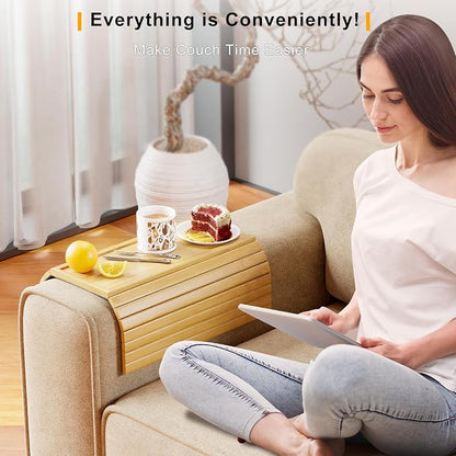 Bestjing Bamboo Sofa Armrest Tray Table for Couch - 2-in-1 Couch Arm Table with Be Slide Detachable Tray- Anti-Slip Foldable Sofa Armchair Caddy for Drinks Cellphone TV Remote Snacks (Bamboo)