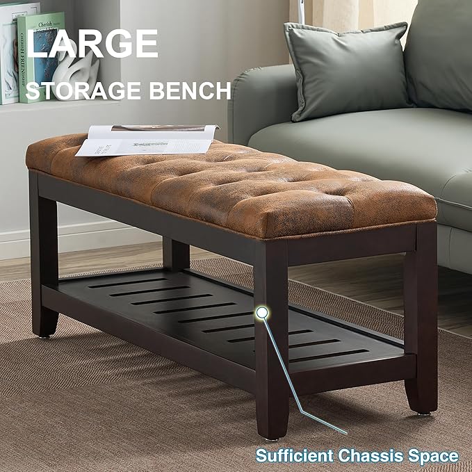 44" Ottoman Bench, Upholstered End of Bed Bench, Oversized Footrest with Wood Shelf torage Storage Bench for Bedroom, Entryway, Living Room, Light Brown(Suede)