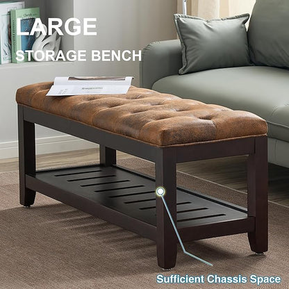 44" Ottoman Bench, Upholstered End of Bed Bench, Oversized Footrest with Wood Shelf torage Storage Bench for Bedroom, Entryway, Living Room, Light Brown(Suede)