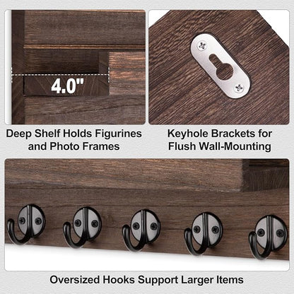 Key Holder Wall Mount, Entryway Key and Mail Holder with 7 Sturdy Hooks for Sunglasses, Dog Leash, Decorative Wall Shelf with Mounting Hardware, 15”W x 6.7”H x 4.2”D (Brown)