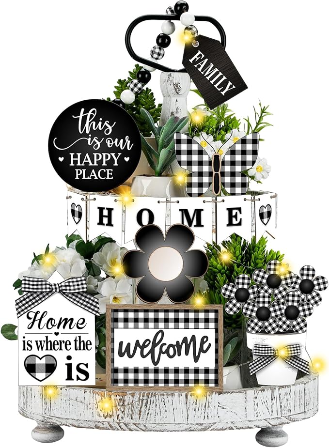 11 Pcs Home Tiered Tray Decor Buffalo Plaid Black White Rustic Farmhouse Tiered Tray Decorations Set Home Wooden Signs Vintage Farm Animal Tabletop Wood Signs for Kitchen Table Shelf Decor