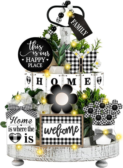 11 Pcs Home Tiered Tray Decor Buffalo Plaid Black White Rustic Farmhouse Tiered Tray Decorations Set Home Wooden Signs Vintage Farm Animal Tabletop Wood Signs for Kitchen Table Shelf Decor