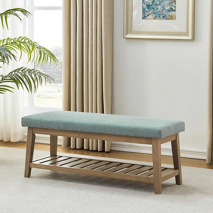 Entryway Shoe Bench with Cushion, End of Bed Bench,Upholstered Bench for Kitchen, Bench with Solid Wood Shelf, Fabric Ottoman Bench for Hallway, Living Room (Teal)