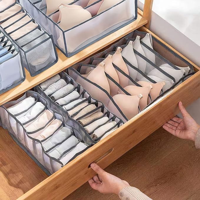 6 Pcs Underwear Drawer Organizer, Foldable Underwear Storage Divider Boxes 6/7/11 Cell Closet Clothing Organizers for Bras Panties Ties Socks Scarves Clothes