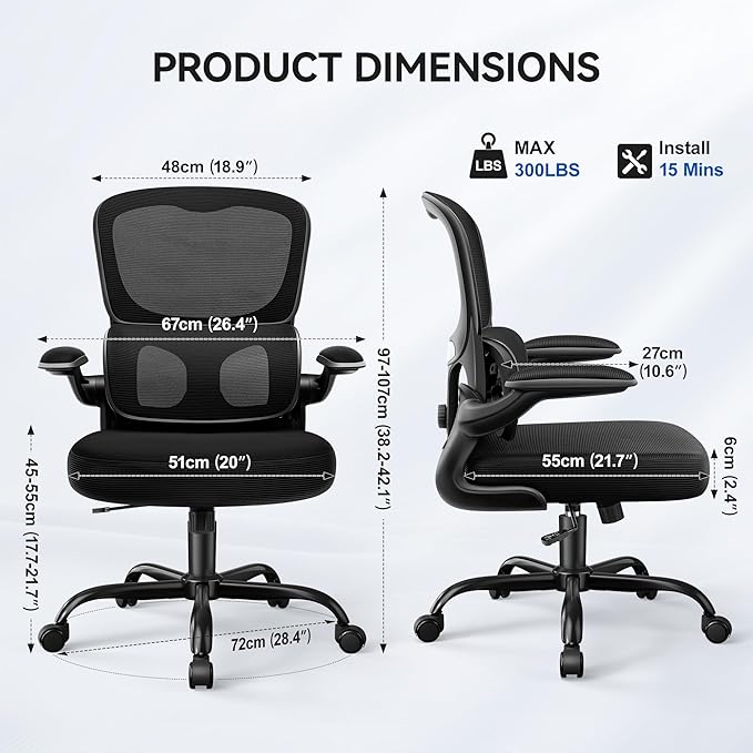 Ergonomic Office Chair, Breathable Mesh Ergonomic Desk Chair with Adjustable Lumbar Support, Flip-up Armrests, Computer Chairs Comfortable for Home, Office, Work, 300lbs, Black (6Pack)