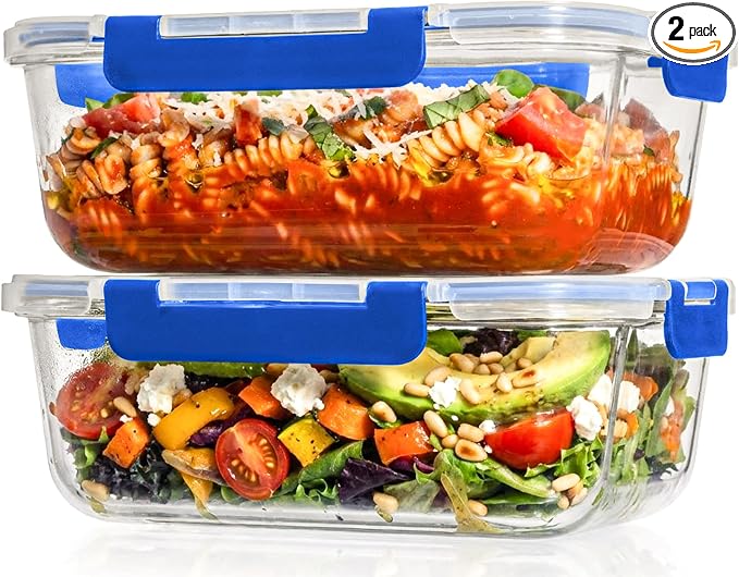 Razab 2 Pcs 1860ml / 63 Oz Large Glass Food Storage Containers with Lids - Glass Meal Prep Containers with Locking Lids for Roasting, Storing Leftover, Lunch Container, BPA Free, Microwave & Oven Safe