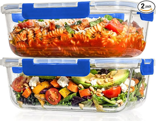 Razab 2 Pcs 1860ml / 63 Oz Large Glass Food Storage Containers with Lids - Glass Meal Prep Containers with Locking Lids for Roasting, Storing Leftover, Lunch Container, BPA Free, Microwave & Oven Safe