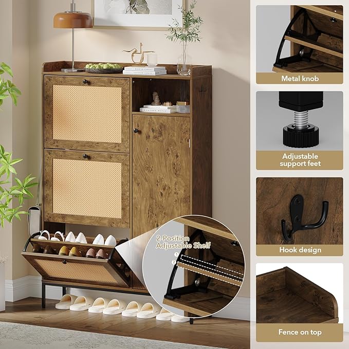 Rattan Wooden Shoe Cabinet, Freestanding 3-Flip Drawer Shoe Storage Organizer, Side Cabinet & Top Fence, Easy Assembly Shoe Rack for Entryway Hallway Living Room, Tree Pomegranate