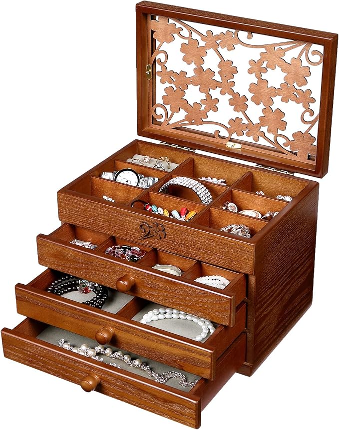 Changsuo Wooden Jewelry Box for Women with, Drawers, Medium Jewelry Storage Organizer
