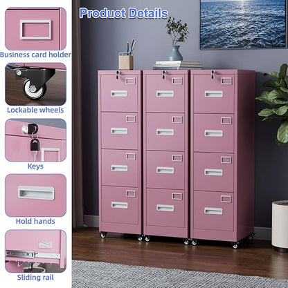 METAN 4 Drawer File Cabinet on Wheels, Lockable Metal Filing Cabinet with Handle and Name Card for Office Home,Assembly Required,Pink