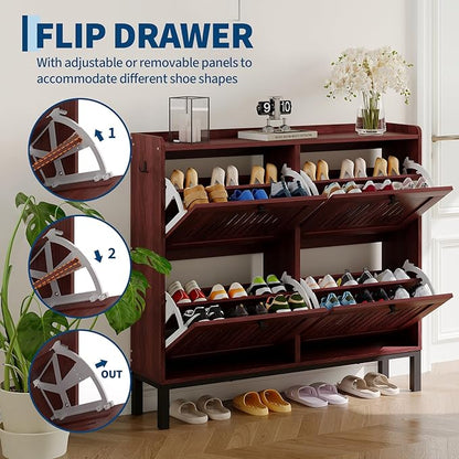 Garvee 4 Flip Drawer Shoe Cabinet with Adjustable Shelves, Hidden Shoe Organizer with Large Capacity, Freestanding Wooden Shoe Rack for Entryway, Hallway, Living Room, Walnut