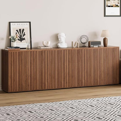 Rophefx Fluted Sideboard Cabinet, 94.5" Buffet Cabinet with Storage, Credenza Storage Cabinets with Adjustable Shelf, Wood Entryway Cabinets with Pop-up Door for Living Room, Entryway, Hallway, Walnut