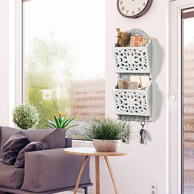 Key and Mail Holder for Wall Mail Holder for Wall, 2-Slot Mails Organizer with 3 Hooks, Key Hangers Rustic Wooden Walls Organizers for Letter Magazines
