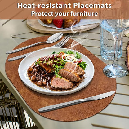 ADRIMER Placemats, Heat Resistant Oval Placemats Set of 6 Washable 12 x 17 Inch, Waterproof Table Mats, Wipeable Pu Place Mats for Kitchen, Dining Room, Turmeric Brown