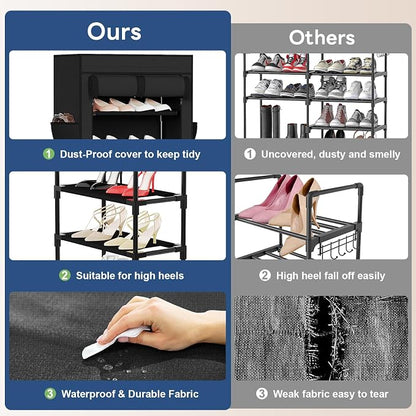 Mavivegue Shoe Rack with Cover, 10 Tier Tall Shoe Organizer for 18-22 Pairs of Shoes, Shoe Organizer with 4 Side Pockets, Shoe Cabinet for Entryway, Closet