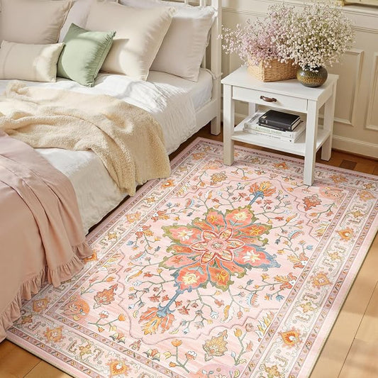 RELEANY Area Rugs 3'x5' Washable Non-Slip, Floral Vintage Distress Medallion Carpet for Living Room Bedroom Dining Room, Light Pink Colorful