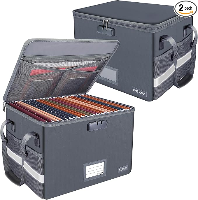 ENGPOW File Box with Lock, Fireproof Document Box with Pockets, Collapsible File Organizer Filing Storage Cabinet with Handle, Portable Home Office Safe for Hanging Letter/Legal Folders,Gray,2 Pack