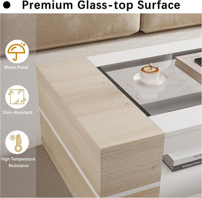 HedoAjim 47.2" Modern Stylish Coffee Table with Glass Table Top, Large Living Room Table Rectangular 2-Tier Center Tables with Storage, Wood Cocktail Tea Tables for Dining Reception Room Natural