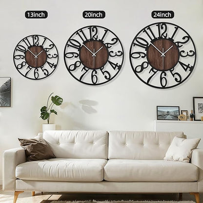 Maxstar Round Wall Clock for Living Room Decor Battery Operated Non Ticking Silent Vintage Black Metal Wood Clocks for Home Living Room Garden Farmhouse Office Kitchen Decoration -20 inch