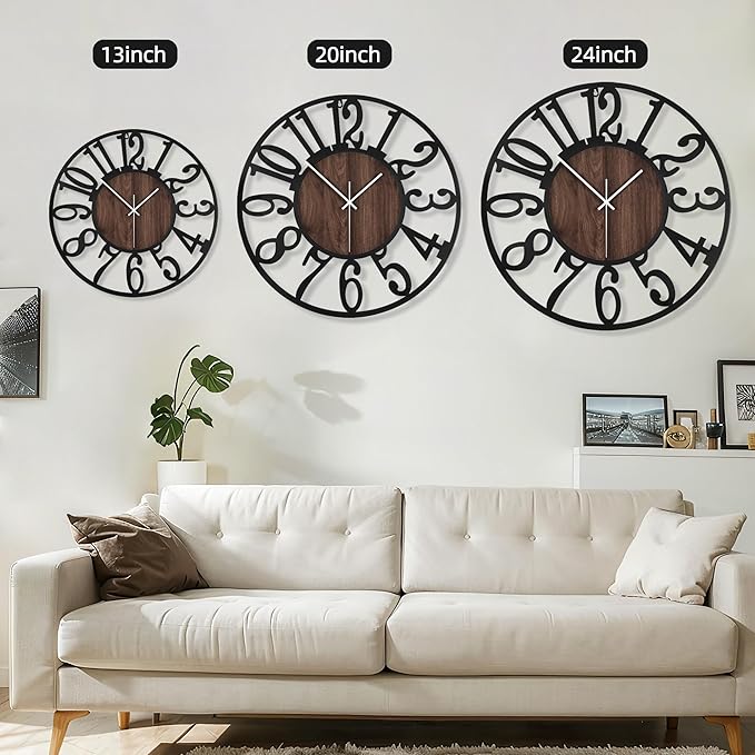 Maxstar Round Wall Clock for Living Room Decor Battery Operated Non Ticking Silent Vintage Black Metal Wood Clocks for Home Living Room Garden Farmhouse Office Kitchen Decoration -13 inch