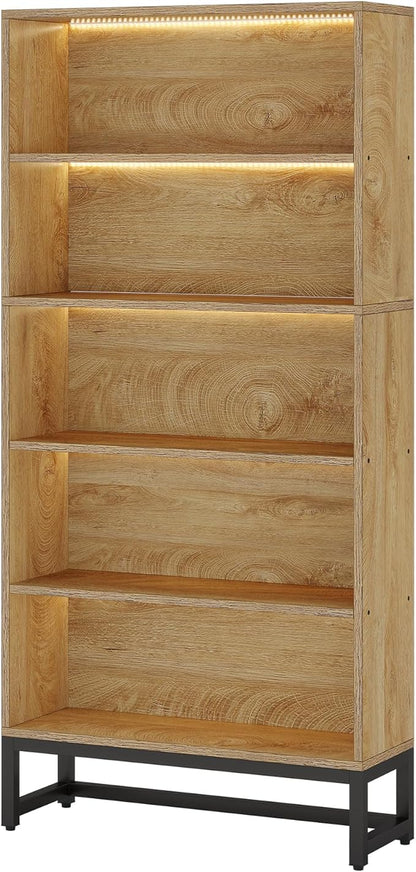 Tribesigns Tall Bookcase and Bookshelf, 70.8" Large Bookcases Organizer with LED Lights, Heavy Duty Free-Standing Library Bookshelf with 5-Tier Storage Shelves for Living Room, Bedroom (Brown)