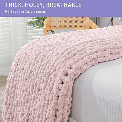 Bigacogo Chunky Knit Throw Blanket for Couch, 40x60 inches, 100% Hand Knitted with Thick Jumbo Chenille Yarn, Cozy Soft Large Rope Knot Cable Crochet Blankets for Sofa Bed Living Room, Rose Tan