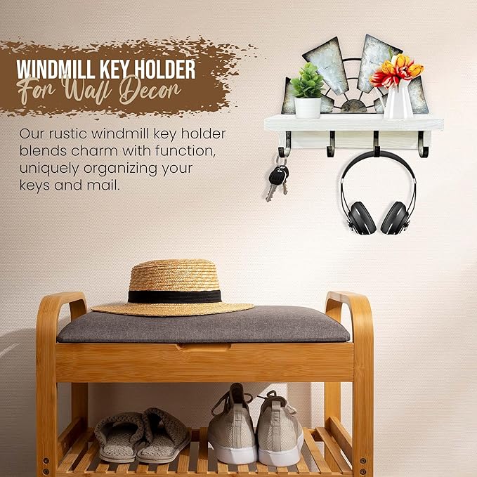 Windmill Key Holder Wall Mount, Decorative Wall Mounted Key and Mail Rack with Shelf, Farmhouse Wall Decor, 4 Rustic Hooks for Coats & Keys, White Western Key Holder.