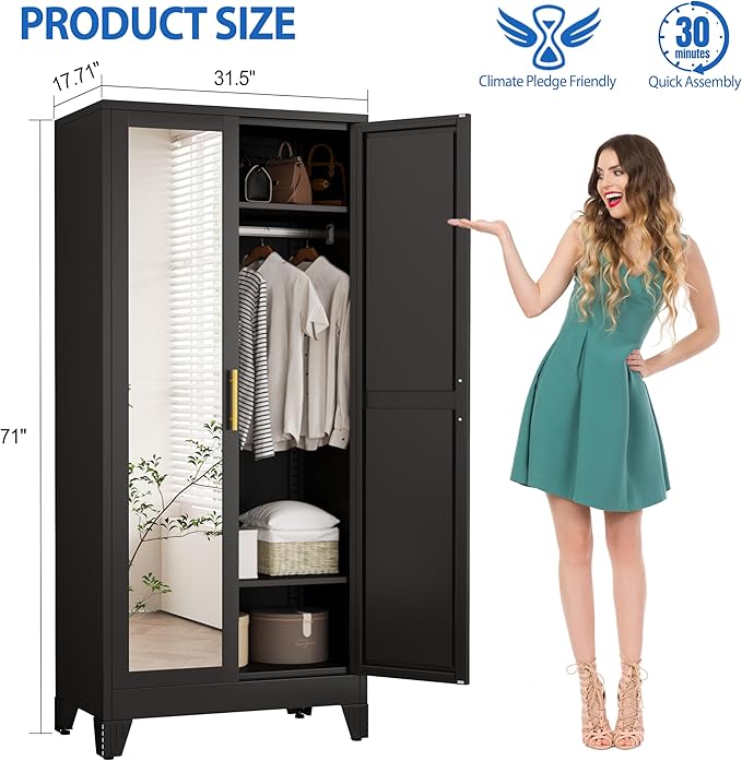 Metal Wardrobe Cabinet with Mirror and Hanging Rod, 71" Metal Clothing Storage Cabinets with 2 Doors and Adjustable Shelves, Black Armoire Wardrobe Closet for Bedroom, Laundry Room, Cloak Room