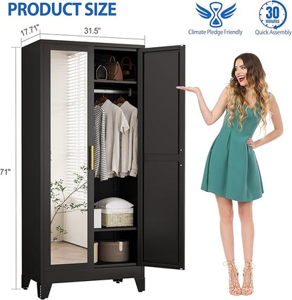 Metal Wardrobe Cabinet with Mirror and Hanging Rod, 71" Metal Clothing Storage Cabinets with 2 Doors and Adjustable Shelves, Black Armoire Wardrobe Closet for Bedroom, Laundry Room, Cloak Room