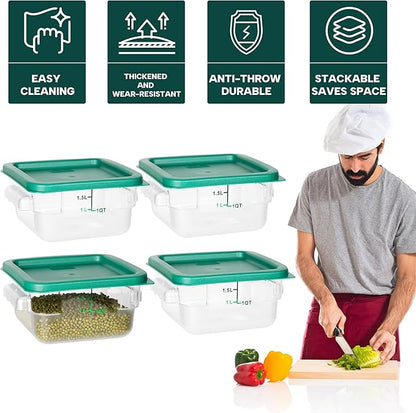 4 Pack Food Storage Containers, 2 Quart with Lids, Square Commercial Containers with Scale, NSF, Polycarbonate, Clear