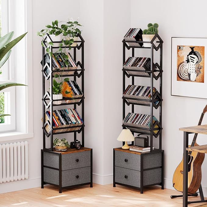CD Storage Rack with Drawers, 5-Tier Media Organizer DVD Storage Shelf, Large Capacity for CD/DVD, Books & Games, Ideal for Living Room & Home Office, 15.7×11.8×58.7Inches