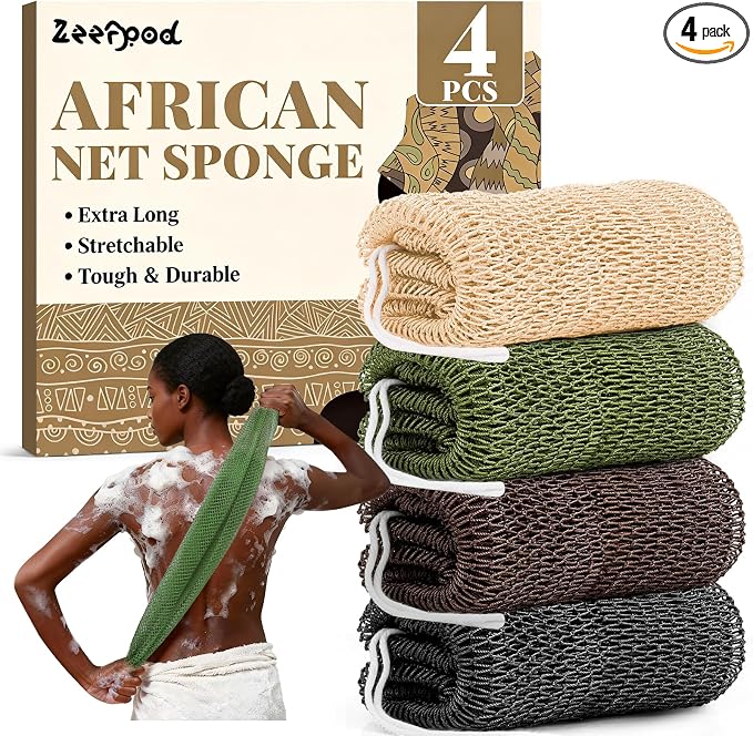 African Net Sponge Authentic-4 Packs African Exfoliating Net Sponge,Bath Sponges for Shower,42 inch Long for Normal to Sensitive Skin, Body Exfoliator Shower(Linen,Olive Green,Brown,Black)
