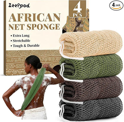 African Net Sponge Authentic-4 Packs African Exfoliating Net Sponge,Bath Sponges for Shower,42 inch Long for Normal to Sensitive Skin, Body Exfoliator Shower(Linen,Olive Green,Brown,Black)