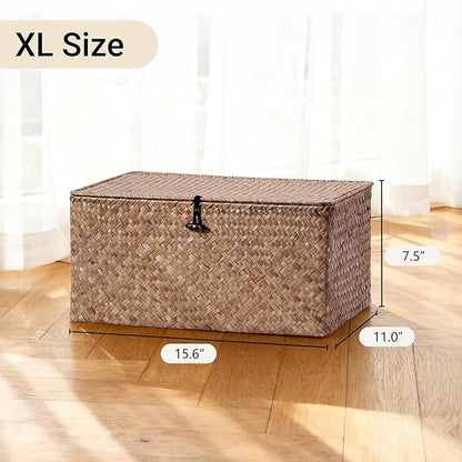 Nonam Seagrass Storage Large Basket with Lid,Wicker Basket Storage Bin with Lid for Shelves,Boho Decor,Handwoven Shelf Basket for Organizing-Storage Container Box for Home Organization-Coffee