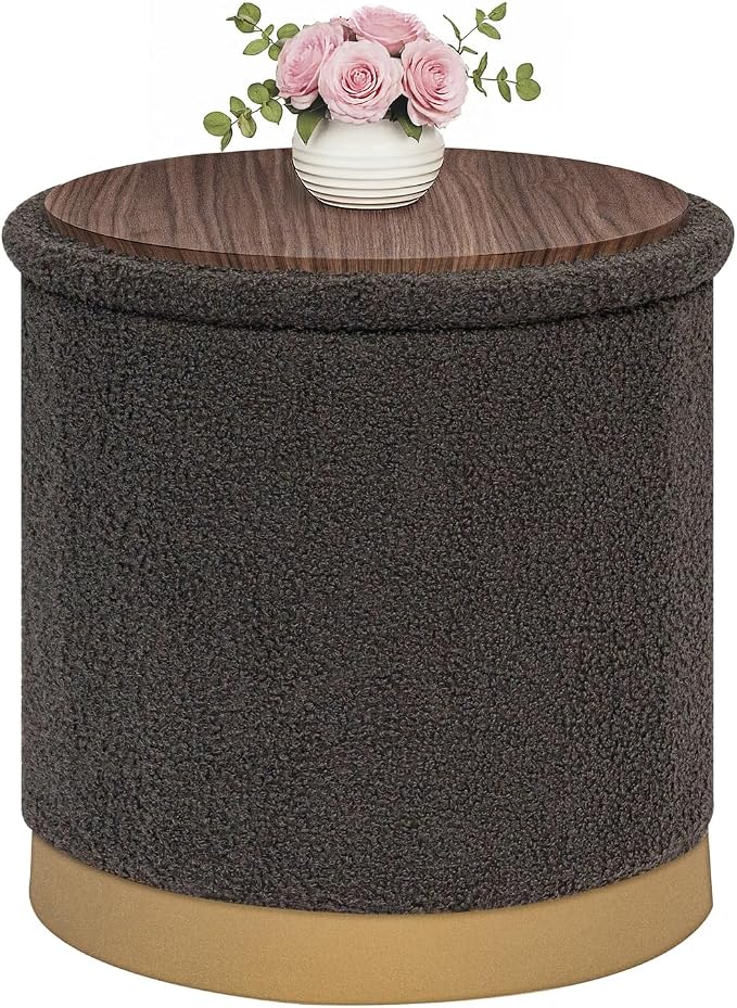 B FSOBEIIALEO Ottoman with Stroage, Round Boucle Storage Ottoman with Gold Plating Base,Foot Rest Stool for Dorm Room, Living Room Dark Grey, 16.73"x16.73"x17.72"