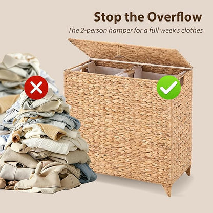Large Laundry Hamper with Lid, Handwoven Natural Water Hyacinth Heightened Feet Laundry Basket, 2-Sections Wicker Clothes Hamper with Removable Liner Bag (Natural, 120L)