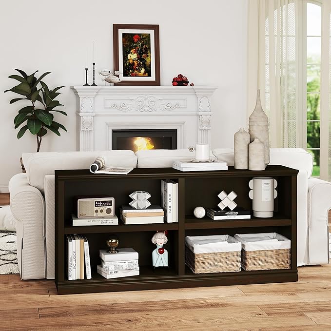 blini Low Horizontal Bookshelf Double Wide 64" 2-Tier Bookcase 4 Cube Storage Organizer Cherry Wood Bookcases for Bedroom and Home Office Decor Display