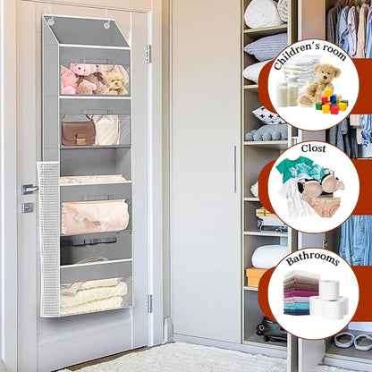Light Grey Over Door Wrapping Paper Organizer Storage with 3 Removable Drawers & Side Pockets –Dual Use Design with Elastic Straps Wrap Storage for Ribbons,Bows,Ornament and Other Tools