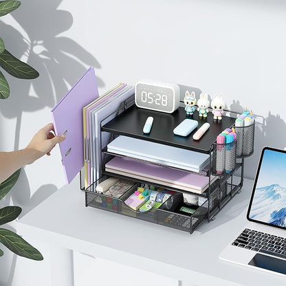 gianotter Wood Desk Organizers and Accessories with File Holder, 4-Tier Desk Accessories & Workspace Organizers with Drawer and 2 Pen Holder, Desk Reference Organizer (Black, 4T with Metal Drawer)