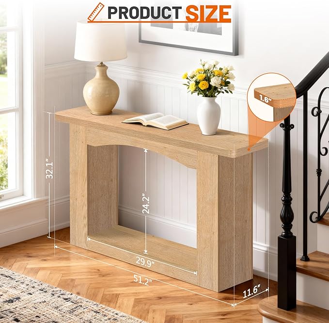 51 Inch Entryway Table U-Shaped Extension, 1.6 Inch Thick Desktop Wooden Console Table with Socket Farmhouse Sofa Table for Entrance, Hallway, Living Room,Behind Couch((Oak Brown)
