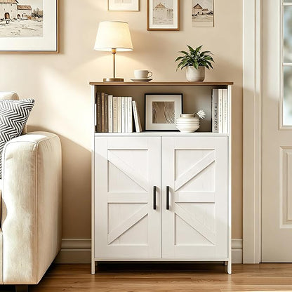 Homhedy Farmhouse Bathroom Storage Cabinet with 2 Doors, Toilet Paper Cabinet with Adjustable Shelf, Small Bathroom Cabinet for Laundry/Living Room, 11.8 x 23.6 x 31.5 Inches, Rustic White and Brown