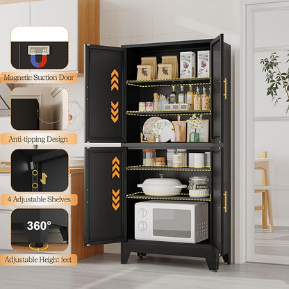 GAIOUS 75.2" Tall Metal Pantry Cabinet, Storage Cabinets with 4 Door and 4 Adjustable Shelves, Black Kitchen Pantry Storage Cabinet, Freestanding Cupboard for Kitchen Dining Room Living Room Bathroom