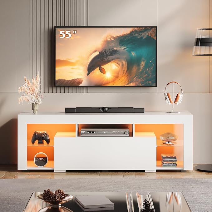 WLIVE TV Stand with LED Lights & 2 Large Storage Drawers, Modern Entertainment Center for 32/43/50/55/60 Inchs TVs, Sturdy TV Console for Living Room, Bedroom(White)