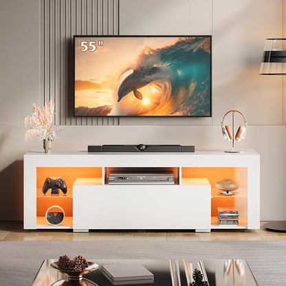 WLIVE TV Stand with LED Lights & 2 Large Storage Drawers, Modern Entertainment Center for 32/43/50/55/60 Inchs TVs, Sturdy TV Console for Living Room, Bedroom(White)